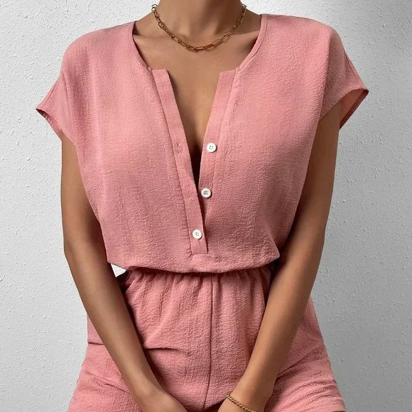 Coral Pink Boho Womens Button Front Batwing Sleeve Half Button Romper - Picture 2 of 7